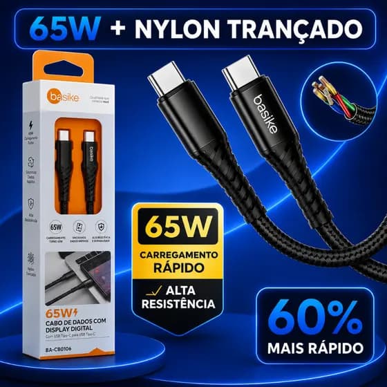 Cabo Carregador USB-C + Tipo C Turbo 65W 1M Reforçado em Nylon Trançado
