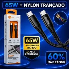 Cabo Carregador USB-C + Tipo C Turbo 65W 1M Reforçado em Nylon Trançado