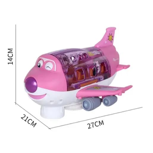 Avião Brinquedo Infantil Musical Bate Volta Gira 360 Luz Led Aeronave Abre Porta Roda Rosa