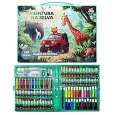 Estojo Maleta Desenhar e Colorir Animais Safari Lápis Canetinhas Acessórios 168pçs