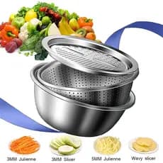 Kit Luxo Inox Bowl Ralador Fatiador Escorredor com Tampa Armazenamento Legumes Queijo 26cm Cozinha