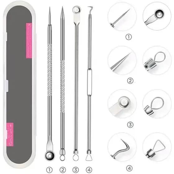 Kit 04 Pçs Remoção de Cravos e Espinha Removedor De Cravos Ponta Dupla com Pinça/Extrator/Agulha