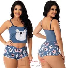 Pijama Feminino Verão Conjunto Suede Regata e Short Estampado Divertido Alcinha Cropped Baby Doll