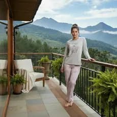 Pijama Inverno Malha PU Manga Longa Malha Macia Versátil Quentinho e Elegante Conjunto Feminino