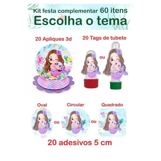 Kit festa complementar - 60 itens | Escolha o tema | Aplique 3d, Tag e adesivos | Envio Rápido