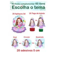 Kit festa complementar - 60 itens | Escolha o tema | Aplique 3d, Tag e adesivos | Envio Rápido