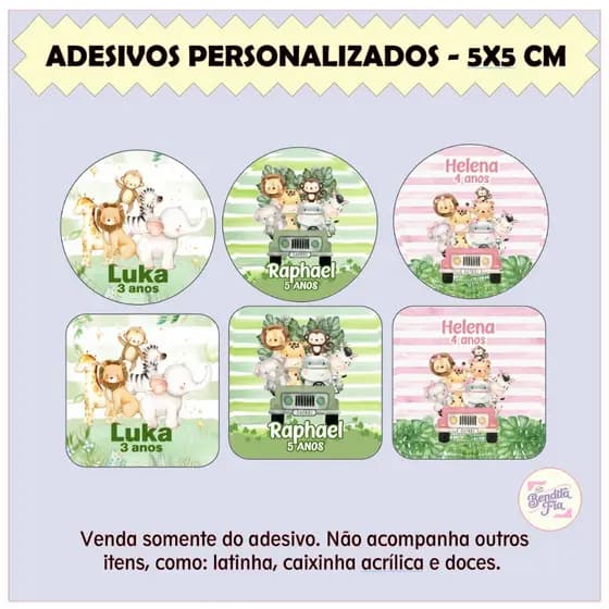 Adesivos Safari Redondos ou Quadrados 5x5cm - Personalizado para Lembrancinhas ENVIO RÁPIDO