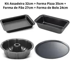 Conjunto De Formas Assadeiras 4 Peças Antiaderentes Bolo Pizza Tortas Pão Aço Carbono Não Gruda
