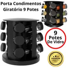 Porta Temperos Condimentos Giratório 9 Potes Vidro 90G com Tampa Dosadora Preto + Etiquetas Adesivas