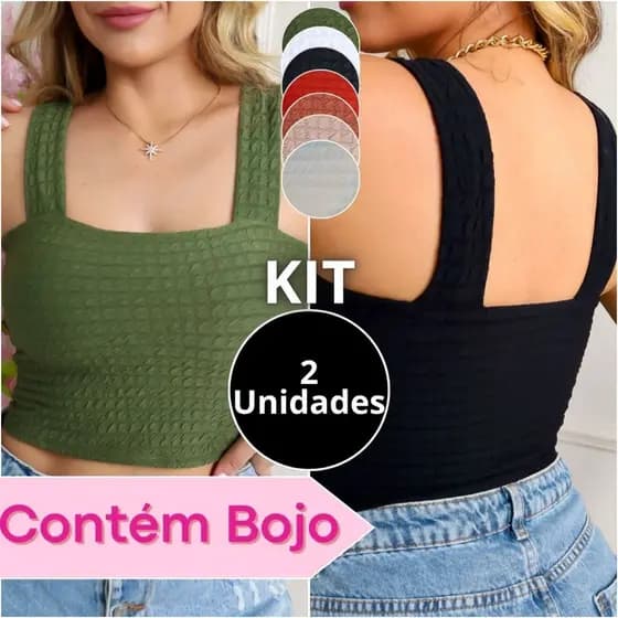Kit 2: Cropped Alça Grossa Com Bojo Tecido Bubble Premium