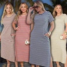 Vestido Midi Feminino Listrado em Moletinho Manga Curta Com Bolso Fenda Lateral Casual Confortável Moda Verão