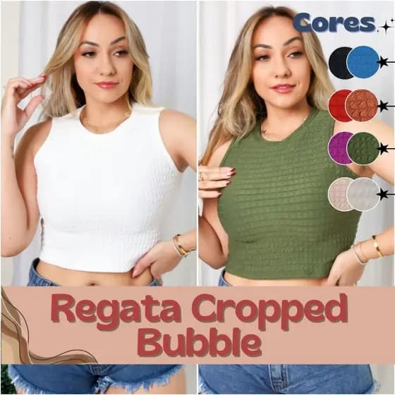 Cropped Regata Feminino Básica Com Bojo Tecido Bubble Premium Diversas Cores