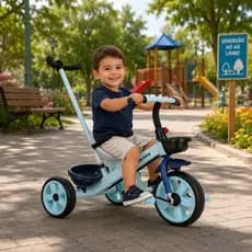 Triciclo Infantil Pedal Empurrador Confortavel Seguro Resistente Azul Educativo Passeio Criança