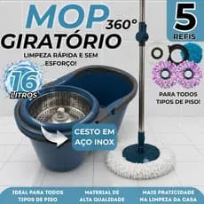 Mop Giratório Cesto Inox 16L + 5 Refis Limpeza Profissional Esfregão Robust Cuidado da Casa -  INMA