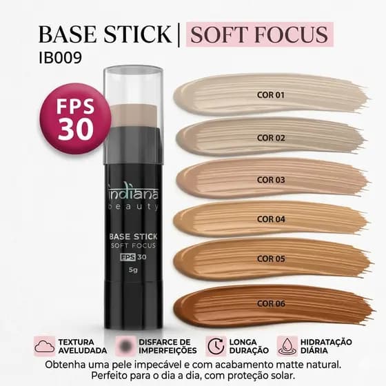 Base Stick Indiana Beauty FPS 30 Cobertura Natural Praticidade Proteção Solar Hidratação 6 Cores 5g