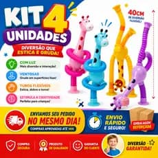 Kit 4 Girafas Sucção Pop Tube Luz Led com Ventosa Estica Brinquedo Infantil Anti Stress Dute Toy