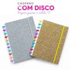 Caderno Com Disco Glitter A4 Carderno Universitário 11 Discos Capa Dura 4 Divisórias Dourado/Prata