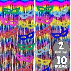 Kit Completo Decoração de Carnaval 2 Cortina Metalizada + 10 Mascara Holografica Colorida Fita Franja Festa