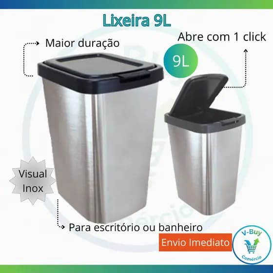 Lixeira Visual Inox 9 Litros Escritório Banheiro tampa Click