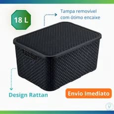 Caixa Organizadora Rattan 18 Litros Preta Com Tampa Removível Multiuso Escritório Brinquedos Armário