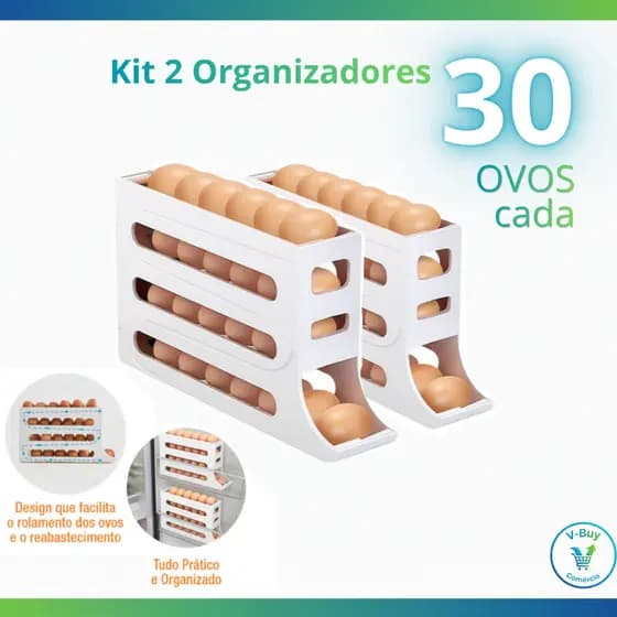 Kit 2 Porta Ovos Organizador 30 Ovos Rolamento Automático Branco para Geladeira