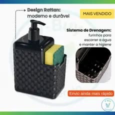 Porta Detergente Dispenser com Suporte Esponja Rattan Bico Dosador