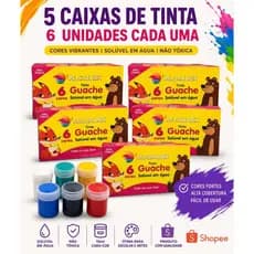 Kit 5 Caixas Tinta Guache 6 Cores 15ml Infantil Escolar Lavável Não Tóxica