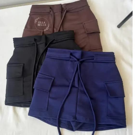 Short Saia Neoprene Cargo Feminino para Festa com Cordinha Lançamento 2026  Look Social Uso Diário