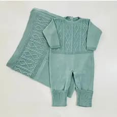 Kit Macacão e Manta Saída Maternidade Trança de Tricô Bebê Reborn RN Roupinha de Bebe