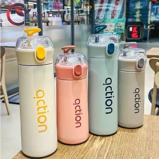 Garrafa Térmica Action Elegante De Aço Inox Com Alça e Canudo De 380ml