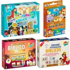 Kit 4 Jogo Bíblico Infantil De Cartas Histórias Bíblicas Para Criança Arca De Noé+Memória+Dominó+Quebra Cabeça