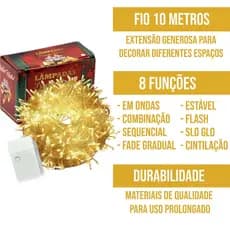 Pisca Pisca de Natal 100 Led 10m Varias Cores 8 Funções DL Festas 127v Decoração Multiuso