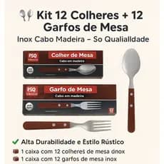 Jogo de Talheres Inox Cabo de Madeira – 24 Peças (12 Colheres + 12 Garfos) – Envio Imediato