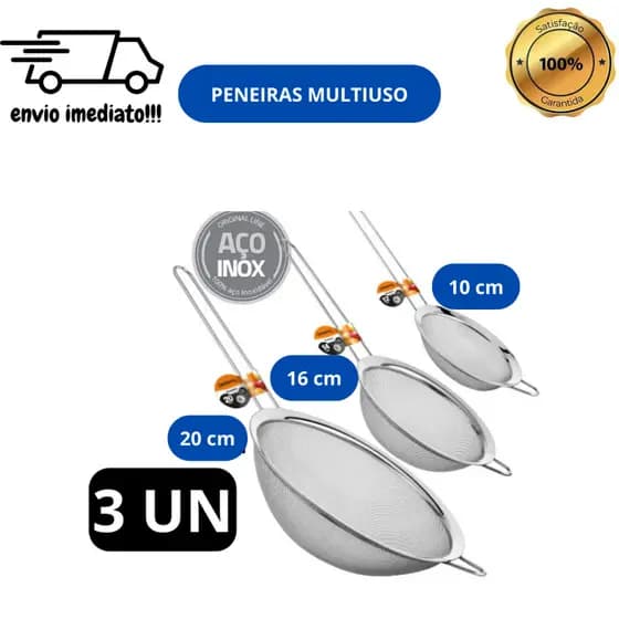 Kit 03 Peneira Coador Manual Em Aço Inox Para Cozinha 10cm 16cm 20cm