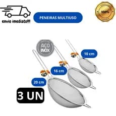 Kit 03 Peneira Coador Manual Em Aço Inox Para Cozinha 10cm 16cm 20cm