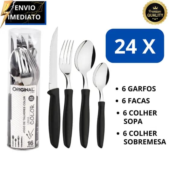 Kit 24 Talheres Preto Inox Premium 6 Facas+ 6 Garfos+ 6 Colheres+ 6 Colheres Sobremesa| Elegante