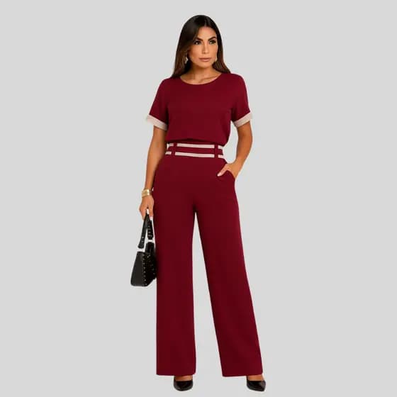 Conjunto Feminino Duna Forrado Calça Wide Leg Blusa Lançamento Alfaiataria Elegante Pantalona