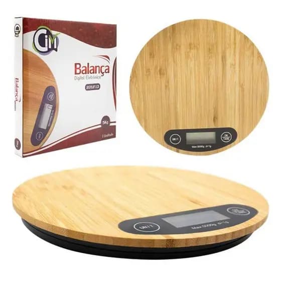 Balança Digital De Cozinha Multifuncional 5kg Balança Redonda Fitness Tampo de Bambu C/Visor LCD Cim
