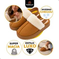 Pantufa Casual Chinelo Feminina Pelúcia Luxo Inverno Quente Com Elástico Solado Alto Antiderrapante