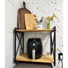 prateleira para micro-ondas e forno estilo industrial em madeira e ferro completa