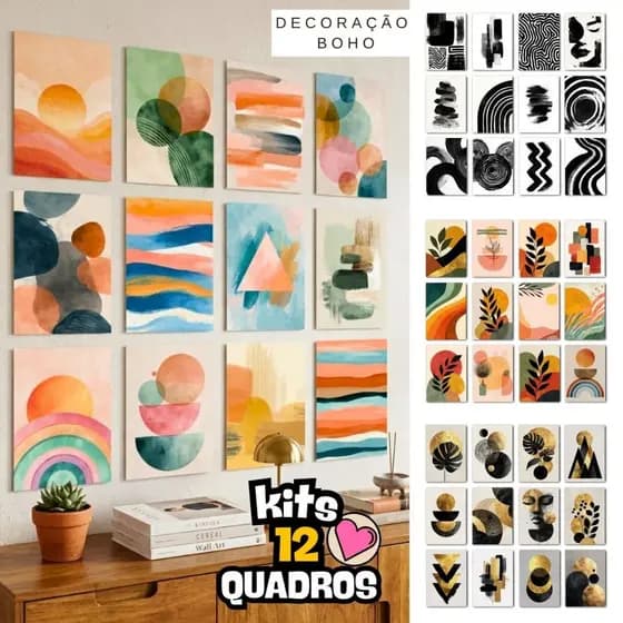 Kit 12 Quadros Decorativos Boho em Madeira - Em Madeira já com Adesivo - Envio Imediato - Exclusivo
