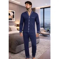 Pijama Americano Masculino Longo De Algodão Aberto Com Botões-- Confortável Inverno Luxo