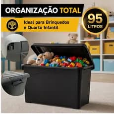 Caixa Organizadora 95 Litros com Tampa,Rodinhas,Trava Reforçada Multiuso Preta Brinquedos 1-4 UN