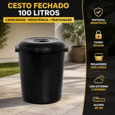 Cesto Fechado 100 Litros Organizador/Lixeira Com Tampa -Preto Multiuso Grande Area externa Reforçado