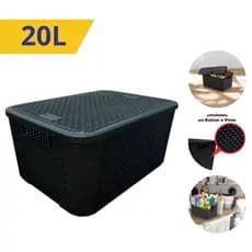 Caixa Organizadoras Rattan 20 litros Preta com Tampa Empilhavel Multiuso Brinquedos Roupas