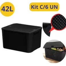 Kit Caixa Organizadora 42 Litros Rattan Preta Grande Multiuso Com Tampa Palstico