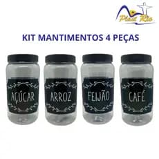 Kit 4 Potes Porta Mantimentos - Açúcar, Café, Feijão, Arroz Plástico Transparente Tampa Preta 1500ML