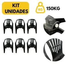 Kit 2-6 Cadeira Plástica Poltrona com Reforçada Premium Preta 150kg Resistente para Jardim Casa