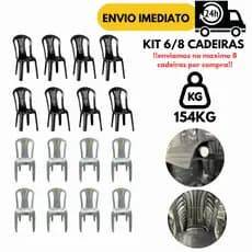 Kit 8/6 Cadeira Bistrô Branca Preta 154Kg Plástica Resistente P/Igreja Jardim Escritório Bar Piscina