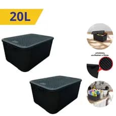 Kit 2 UN Caixas Organizadoras Rattan 20 litros Preta com Tampa Multiuso Brinquedos Roupas